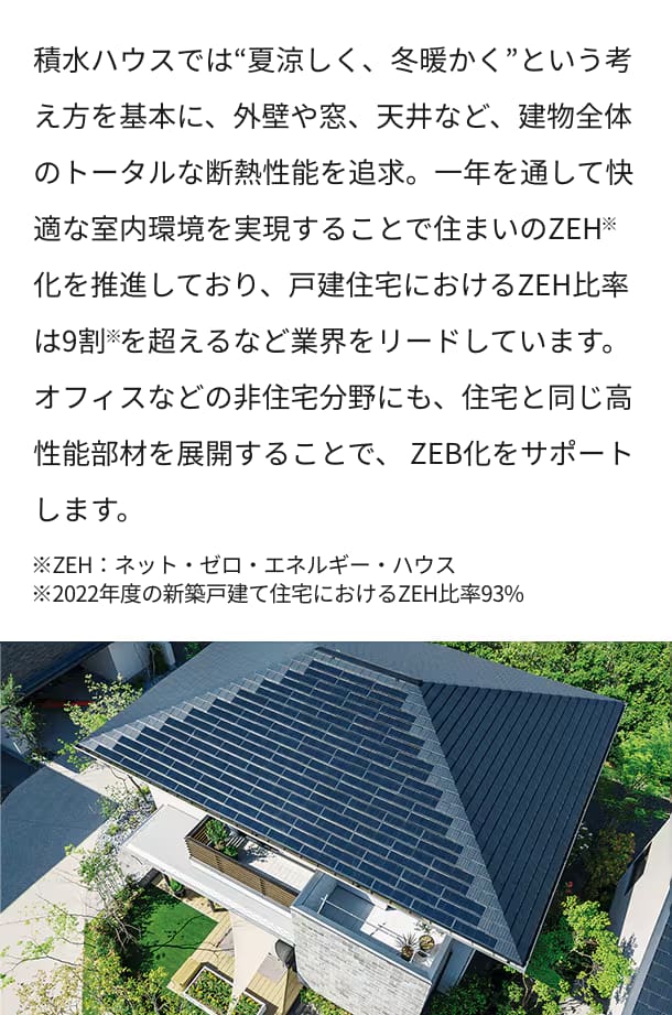 積水ハウスでは“夏涼しく、冬暖かく”という考え方を基本に、外壁や窓、天井など、建物全体のトータルな断熱性能を追求。一年を通して快適な室内環境を実現することで住まいのZEH※化を推進しており、戸建住宅におけるZEH比率は9割※を超えるなど業界をリードしています。オフィスなどの非住宅分野にも、住宅と同じ高性能部材を展開することで、 ZEB化をサポートします。